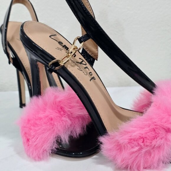 Lemon Drop ✦ Lerpa Fuzzy Heels ✦ Black Vegan Leather Pink Fur Peep Toe Stiletto - Picture 4 of 9